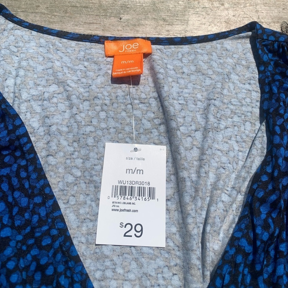 💜 Joe Fresh Blue Black Speckled Ruched V-Neck Sleeveless Dress Size M/M - Picture 6 of 6